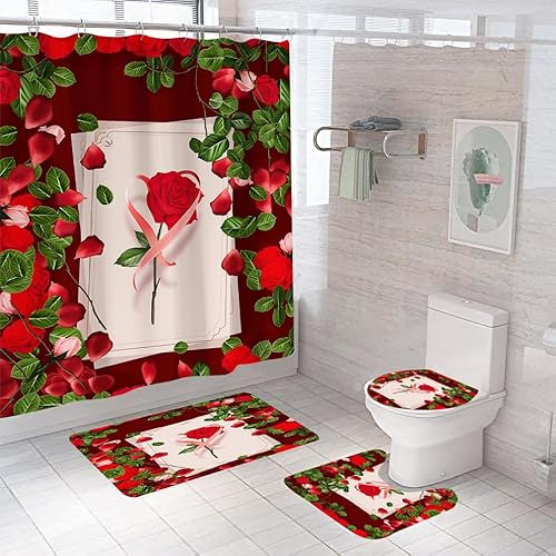 Badgarnitur 3 Teilig Badezimmerteppich Waschbar Badematte rutschfest,Wc Vorleger Mit Ausschnitt Und Badematte, Badvorleger Toilette Teppich 45X75Cm Rote Rose