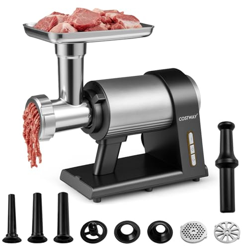 COSTWAY Elektrischer Fleischwolf, 2000W Hackfleisch maschine mit 3 Wurstfüllrohren, 3 Lochscheiben, Kebbe-Set, Messer, Stopfer & Aufbewahrungsfach, Fleischmaschine für Hausgebrauch, Küche