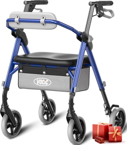 VOCIC Z11 Deambulateur 4 roues pliable leger, max 172 kg, deambulateur étroit pour appartement,Déambulateur pour personnes âgées avec poignée réglable en hauteur,Siège et dossier ergonomiques, Bleu