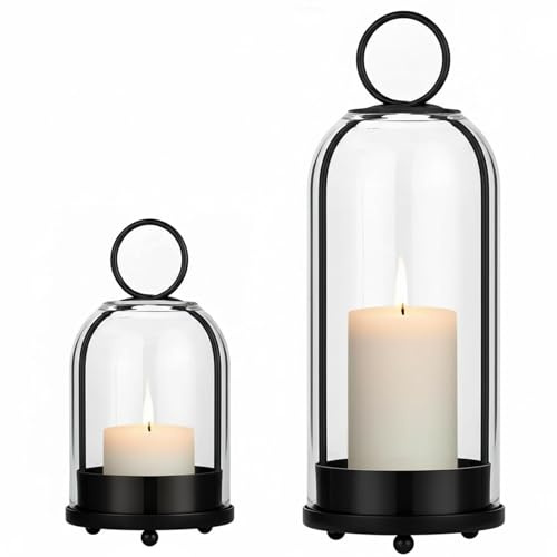 5 & 4 Glass Dome Hurricane Candle Holders, Set of 2 Metal Lanterns for Hanging or Table Use, Vintage Rustic Farmhouse Home Decor for Pillar Candles, Indoor & Outdoor for Mantel, Shelf, Table (Black)