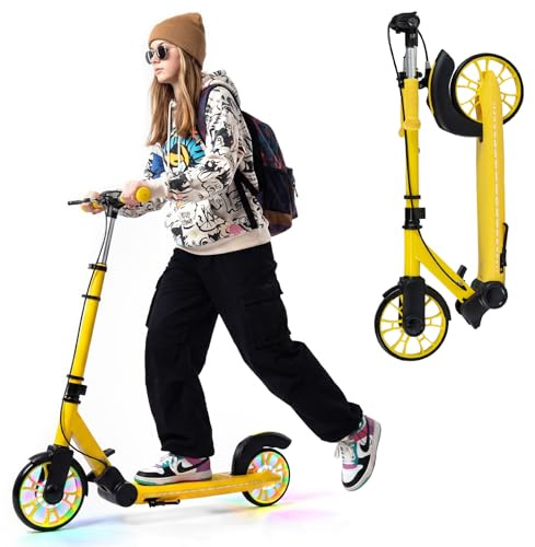 COSTWAY Folding Kick Scooter, 2 Flash Wheels Scooter with 3-Level Adjustable Handlebar and Rear Foot Brake, Lightweight Aluminum Sports Scooters for Kids Teens Adults
