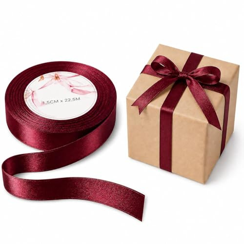 Nastro Regalo Satinato, 1,5 cm x 22,5 m, in Stoffa Simil Raso, per Pacchi Regalo (BORDEAUX)