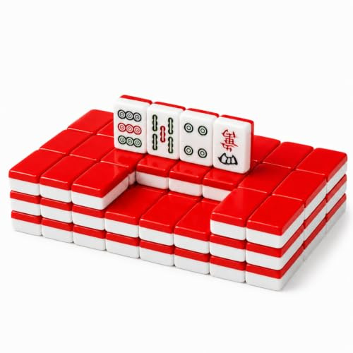 Hiseng Mini Mahjong Set Kein Koffer, Tragbares Chinesisches Mahjong Spiel mit 144 Steinen für Reise & Spieleabend, Leichtes Kompaktes Tischspiel (Rot)