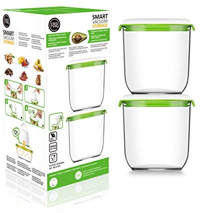 FOSA Juego de 2 Recipientes para Alimentos al Vacío 1,35L - Envases Redondos Herméticos para Conservación de Comida Fresca - Material Libre de BPA - Compatible con Bomba (Incluida)