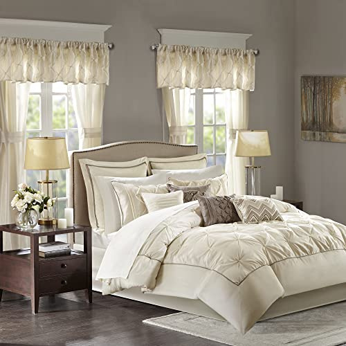 Madison Park Essentials Room in a Bag Faux Silk Comforter Set - Luxe Diamond Tufting All Season Bedding, Matching Curtains, Decorative Pillows, Ivory Queen(90x90) 24 Piece