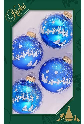 Krebs Glas Lauscha - 4 Blaue Christbaumkugeln mit Heiligabendmotiv - 7 cm - 4 Stück