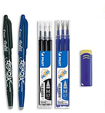 PILOT - FriXion Ball 0.7 Set - 2 Stifte, 6 Minen, 1 Radierer - Blau/Schwarz - Radierbarer Tintenroller, 0,4 mm Strichstärke - Austauschbare Mine, Angenehmes Schreibgefühl - Mittlere Spitze