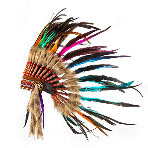 Pink Pineapple Traditioneller Indianer Inspirierter Kopfschmuck handgefertigt im traditionellen Stil Nordamerikanischer Indianer - Kurze Länge - Regenbogen