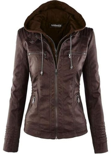 Newbestyle Femme à Capuche Veste Simili Cuir Femme Moto Style Manteau,Dark brown,XL
