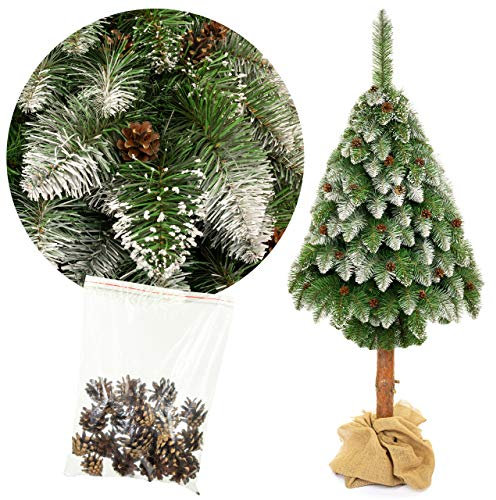 FKL DESIGN Home Deco Weihnachtsbaum Künstlich Christbaum - mit Zapfen Baumstamm aus Echten Holz - Weihnachtsdeko - Dekoration Weihnachten - Grün mit Schnee Effekt, Höhe 180 cm