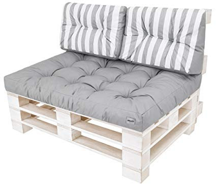 PillowPrim Palettenkissen - Sitzkissen - Komfort für Sofa & Couch - Perfekt für Balkonmöbel & Garten - Weich & langlebig - 120x80 + 2x60x40 cm, Asche mit Weissen Streifen
