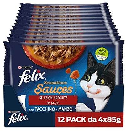 FELIX Sensations Cibo Umido per Gatti Adulti in Salsa con Tacchino e Manzo 48 Buste da 85g