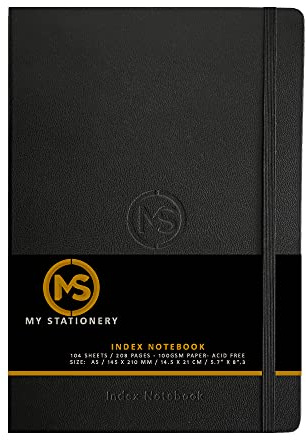 Notizbuch, A5, fester Einband, Kunstledereinband, 8 mm, liniert, mit A-Z, 264 Seiten, 100 g/m², weißes Papier, schwarzer Einband