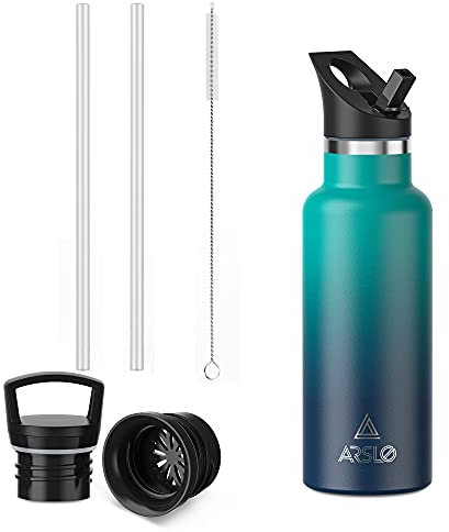 Stainless Steel Water Bottle with Straw - Insulated Water Bottle for Sports, Gym, School, Commute, Adults/Kids - Keep Cold for up to 24 Hours - Sweat/Leak-proof - 2 Lids - BPA Free