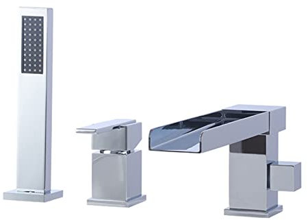 Ksunun 3 Loch Badewannenarmatur Wasserfall Wannenarmatur Heißes und Kaltes Wasser Wannenrandarmatur Messing Badewanne Wasserhahn Einhebel Wannenmischer mit Handbrause und Brauseschlauch,Chrome