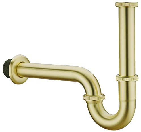 Keymark Siphon für Waschbecken Gold Gebürstete – Messing Röhrensiphon – Universal Geruchsverschluss Sifon Syphon Waschtisch 1 1/4 x 32mm - Ablaufgarnitur passgenau