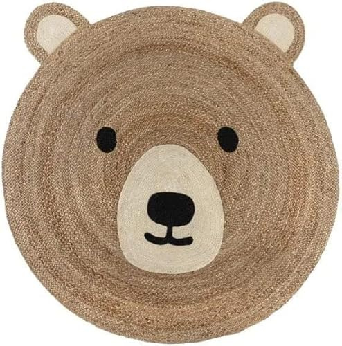 KLAVATE Tappeto intrecciato a mano per soggiorno, cucina, tappeto decorativo in iuta, per casa colonica, moderno, motivo orsacchiotto, rotondo, per la camera dei bambini (122 cm)