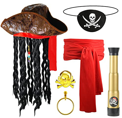 MYBOLE Halloween-Piratenkostüm-Set, Piratenhut mit Dreadlock-Zöpfen, Piraten-Zubehör, Dreadlocks-Zubehör für Halloween, Maskerade, Cosplay, Herren und Damen, 6-teilig