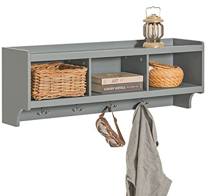 SoBuy FHK28-HG Wandgarderobe Flurgarderobe Kleiderhaken Hängeregal mit 3 Fächern und 4 Haken Garderobe Hellgrau BHT ca.: 100x35x25cm