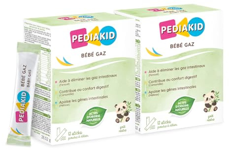 PEDIAKID - Bébé Gaz - Aux extraits de plantes & fibres - Aide à réduire les gaz et à améliorer le confort digestif - Dès la naissance - Format sticks de poudre à diluer facile à utiliser - Lot de 2