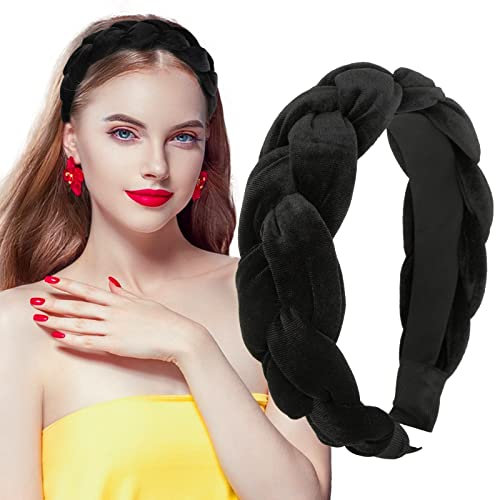 BETESSIN Samt Haarreif Dirndl Geflochten Stirnband Breit Haarband Vintage Gepolsterte Haarreifen Trachten Haarschmuck Rockabilly Kopfband für Damen und Mädchen Schwarz