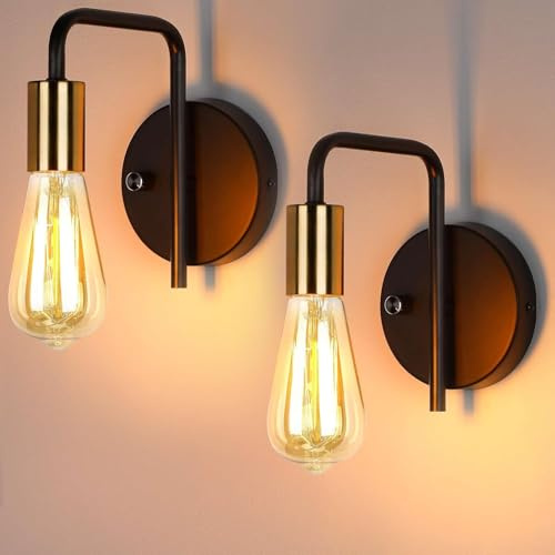 ENCOFT 2 Pack Wall Lights with Switch, Dimmable Wall Lamp Retro | E27 Socket Indoor Wall Sconce Light with Dimmer Switch, Black Gold Metal Wall Lights for Living Room Bedroom (No Bulb)