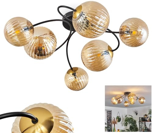 HOFSTEIN Deckenleuchte Chehalis, Deckenlampe aus Metall/Riffelglas in Schwarz/Gold/Bernstein, Leuchte im Retro/Vintage-Design, Ø Schirme 12; 15 cm, 6 x G9, Esszimmer, Schlafzimmer, Wohnzimmer, Küche