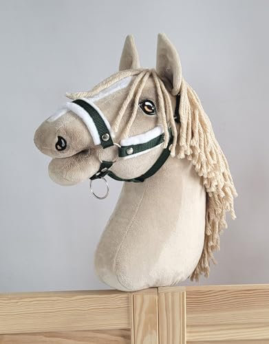 Verstellbares Halfter für Hobby Horse A3 mit Fell. Set ohne Pferd. Flaschengrün mit weißem Fell