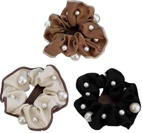 Haargummis Mit Perlen Scrunchies für Damen Haargummi Weich Elastisch Scrunchie für Mädchen and Damen Mesh Haargummis Drei Stück -Schwarz Beige Braun
