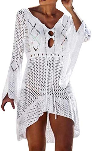 Robe de plage blanche crochetée - Robe A Line Boho - Robe de plage pour femme - Manches longues - Bikini Cover Up - Caftan - Élégante robe d'été - Poncho de plage - Été - Vacances à la plage - Franges
