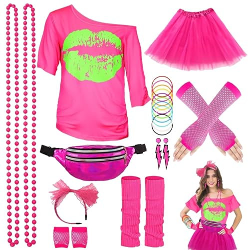 80er 90er Jahre Outfit Damen,T-Shirt,Tank top,Beinwärmer,Netzhandschuhe,Kostüm 80er Jahre Netzoberteil Damen Tops Neon Shirt 80s Aerobic Outfit Kleidung Mottoparty Faschings KostüMe Fasching Damen