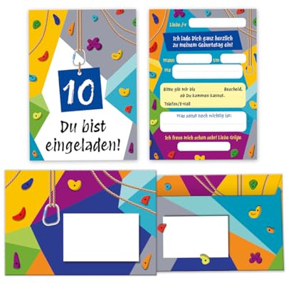 Minkocards 12 Einladungskarten incl. 12 Umschläge zum 10. Kindergeburtstag Klettern Bouldern Mädchen Jungen Einladungen zehnte Geburtstag