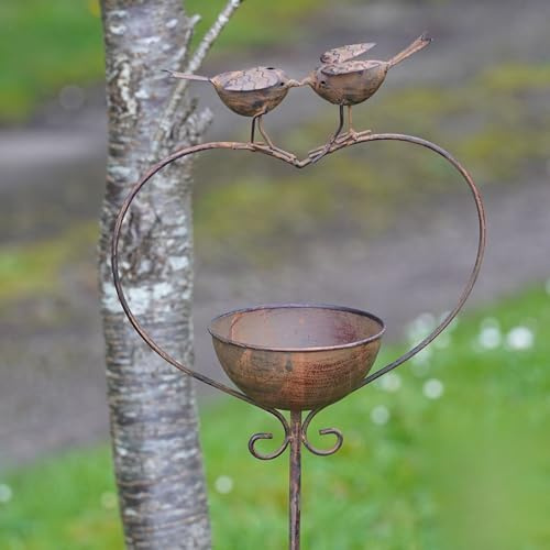 Robins on Heart Bird Bath Feeder | Large Metal Robin Garden Ornament Outdoor