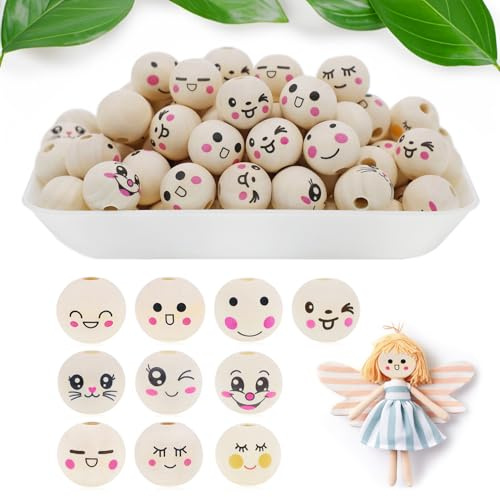 MEETGIFT 100 Stück 10 Stile Holzperlen Mit Gesicht Lächelndes Gesicht Kopf Perlen 20 Mm Mit Loch Für Crafting Sorgenwürmchen Holzkugeln Mit Gesicht Holzköpfe Für Sorgenwürmchen DIY-Bastelarbeiten