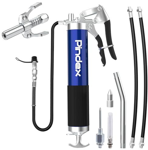 Pindex Fettpresse für Schmiernippel mit Mundstück Fettnadeldüse,Fettpistole mit Schnellkupplung,Handschmierpresse für 400cc Fettkartusche mit Schmiernippel,3X Schlaüche 15cm Metallrohr