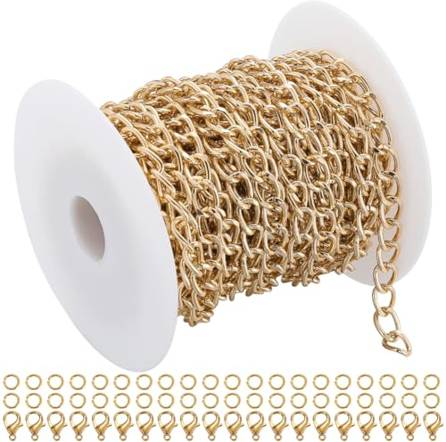 SOFPLATE 10M Gold Curb Chain Bulk Chain Jewellery Kit Aluminium Oval Twist Link Chain Spool Curb Chain Set Long Roll Curb Chains for Jewellery Making Kits Necklace Bracelet Supplies DIY Crafts