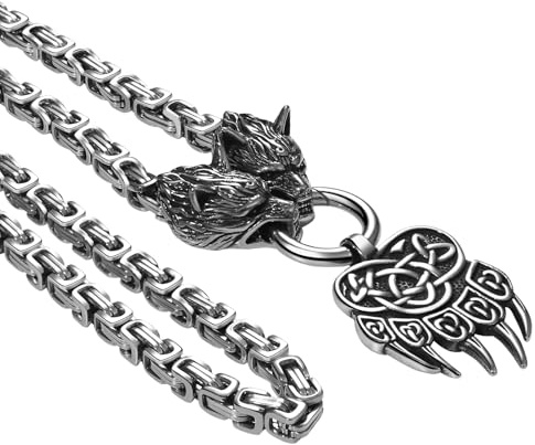 OIDEA Collier viking pour homme avec chaîne royale : tête de loup punk rock lourd, marteau de Thor, tête de loup, griffe d'ours, viking nordique, bijou cadeau pour homme, ami, père, Acier inoxydable