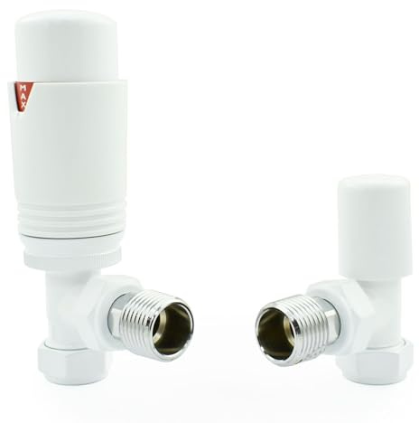 Hot Flow All-White Estuary Angled TRV Thermostatic Radiator Valve (Pair) Includes Angled TRV Body, Wheel Head & Lock Shield for Quick & Easy Temperature Control. Perfect for Energy Saving.