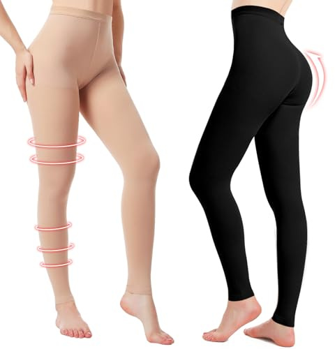 2 Pairs Medical Compression Pantyhose for Women, 20-30mmHg Graduated Support Tights, Opaque Footless Waist High Compression Stockings Leggings for Varicose Veins, Edema，DVT(Beige*1+Black*1, M)