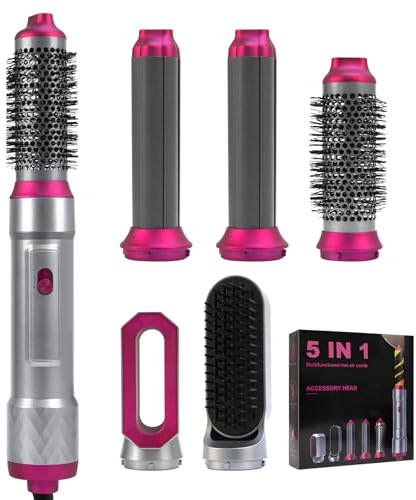 Warmluftbürste Set, 1000W Negativ Lonen Haarstyler, Multifunktionaler Hairstyler mit Automatischer Lockenstab, Haarglätter Bürste, Thermal Brush für Frauen Trocknen Glätten Volumen Locken (Grau)
