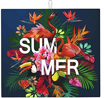 Tapete de secado de platos de verano con pájaros y flores, tapete de secado de platos de microfibra para encimera de cocina, tapete de secado de platos súper absorbente, tapete de secado de platos