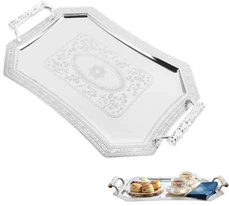 Cabilock Silver Serving Tray with Handles, 14 Inch Stainless Steel Mirrored Carving Plate, Vintage Decorative Platter for Food Serving, European Style Snack Tray for Wedding, Party, KTV & Restaurant