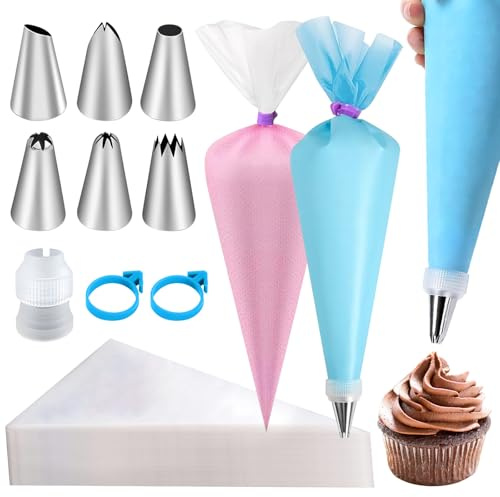 Set med emaljpåsar och spetsar, glasyrpåsar och spetsar, 100 engångspåsar och sprayspetsar för cupcakes, kakor, bakverk, bakverk (110)