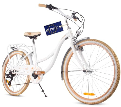 sun baby Mädchenfahrrad 24 Zoll Flower Bike Beige und Weiß, Kinderfahrrad für 8-12 jährige Mädchen mit 7-Gang, Gepäckträger, Metallkotflügel, V-Brake, Kettenschutz