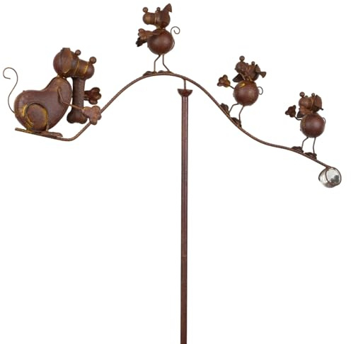 Gartenstecker Hund mit Mäusen Metall 166 cm hoch - Balancierende Tierfiguren für den Garten - Wippende Gartendeko mit Glaskugel - Rostbraun - Witterungsbeständig & dekorativ