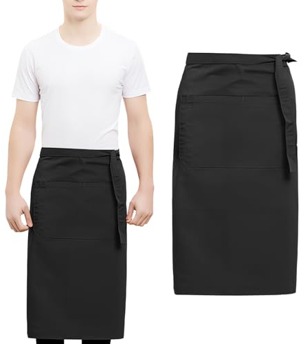 QINGZY Grembiule Cucina Donna Uomo, 70x73cm Grembiule Cameriere con 4 tasche, Grembiuli da Chef Neri, Grembiuli Lungo con Cintura Regolabile per Bar Bistrot Ristorante (Nero)