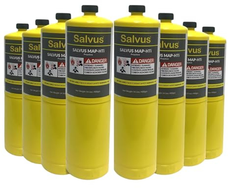 8pcs Salvus MAP-HTi Propylene Gas Cylinder 400g – MAP Pro Gas Blowtorch Fuel >99.5% Ultra-Pure CGA600 Compatible– Hotter Than Propane Gas Bottle – LPG/Map Gas Cylinder for Brazing, Welding & Soldering
