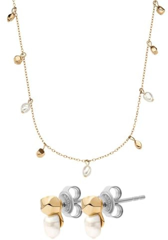 Skagen Damen Agnethe Perle Goldfarbener Edelstahl Halskette und Ohrringe, Set