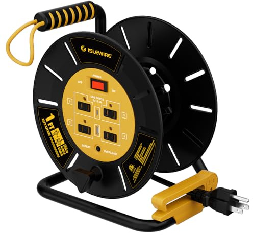 Extension Cord Storage Reel with 4-Grounded Outlets & 2 USB Ports, Heavy Duty Open Cord Reel for 12/3,14/3,16/3 Gauge Power Cord, Hand Wind Retractable, 15A Circuit Breaker, ETL Listed, Yellow