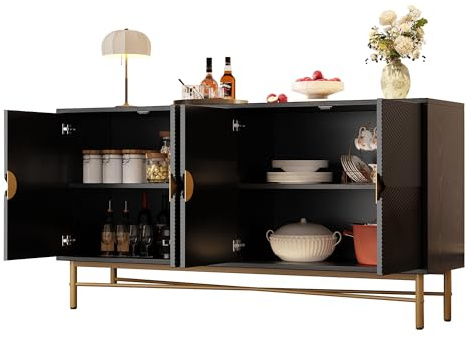 Senmate Credenza Moderna con 4 Ante, Sideboard per Soggiorno e Sala da Pranzo, Texture a Rilievo, Maniglie Integrate Oro Spazzolato, Gambe Lucide, Mobile Console 160x40x82 cm (Nero)